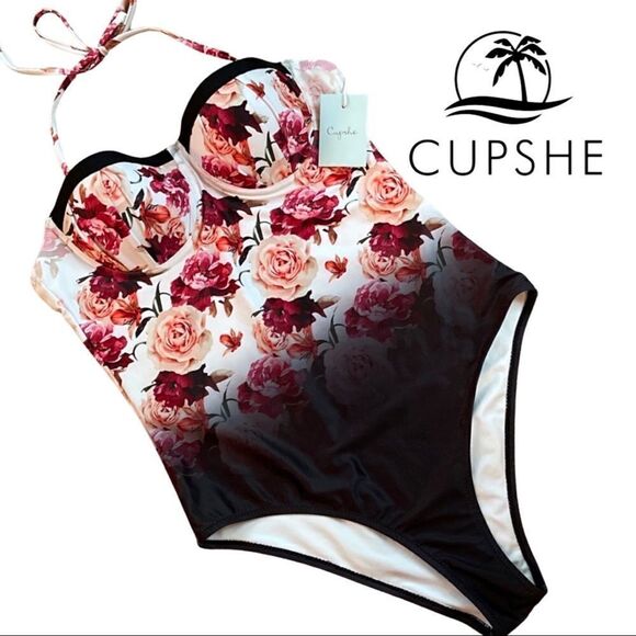 Vintage Rose Print Push Up Spaghetti Strap One Piece Swimsuit • NWT • Large - Picture 1 of 9